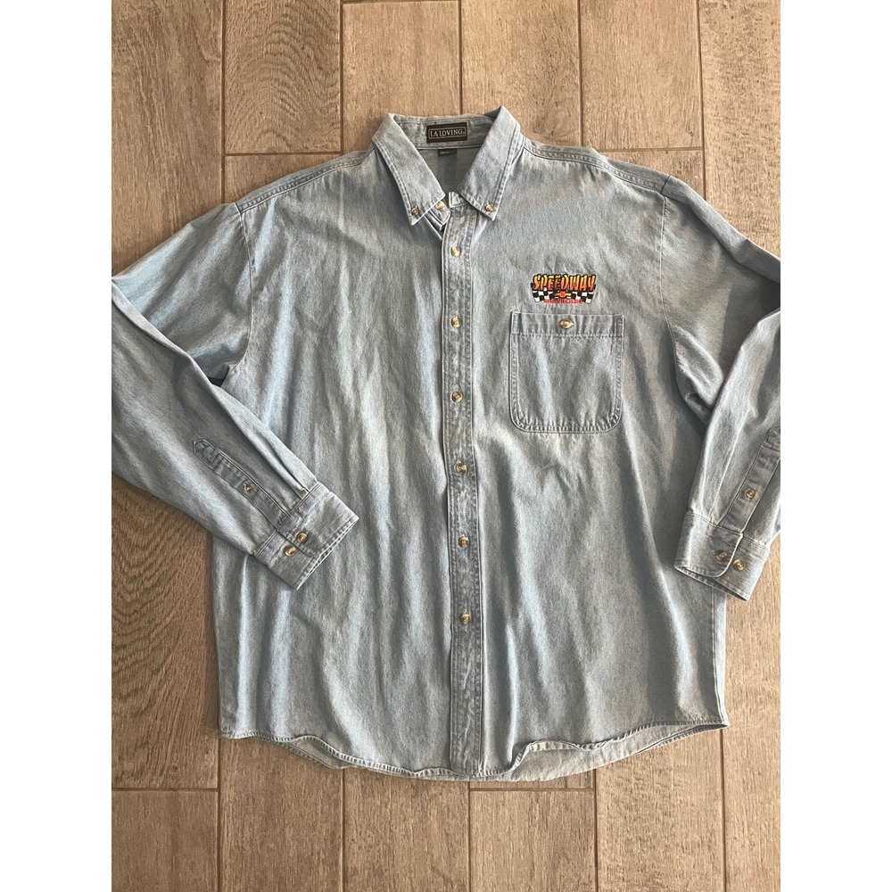 VTG LA Loving Speedway Chevrolet Denim Button Down Shirt Mens XL Light Wash Blue